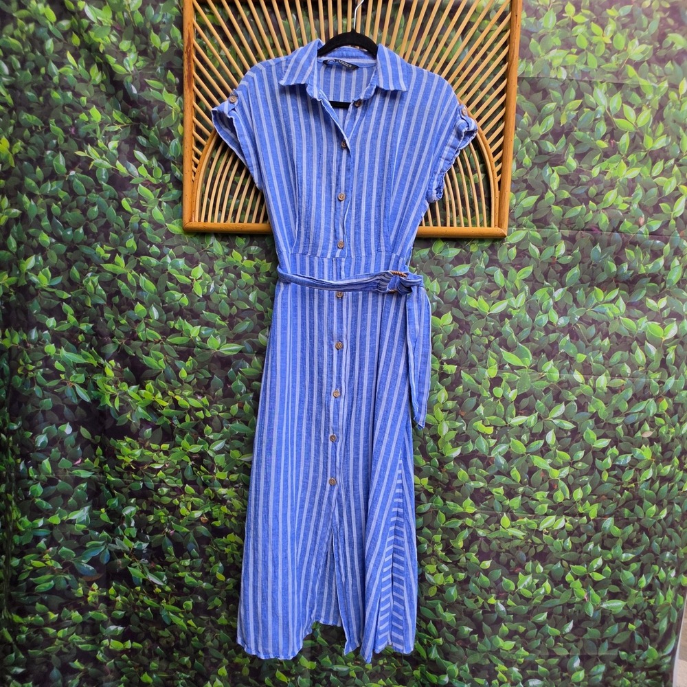 Zara Blue White Striped Midi Shirt Dress XS Belted Side Slit Button Down Summer